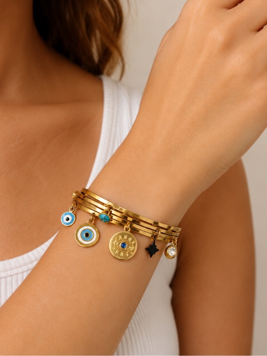 Boutique Items Jewelry - 🛍️SALE🛍️ Stainless Steel Gold Color Plated Turkish Evil Eye Charms Bangle